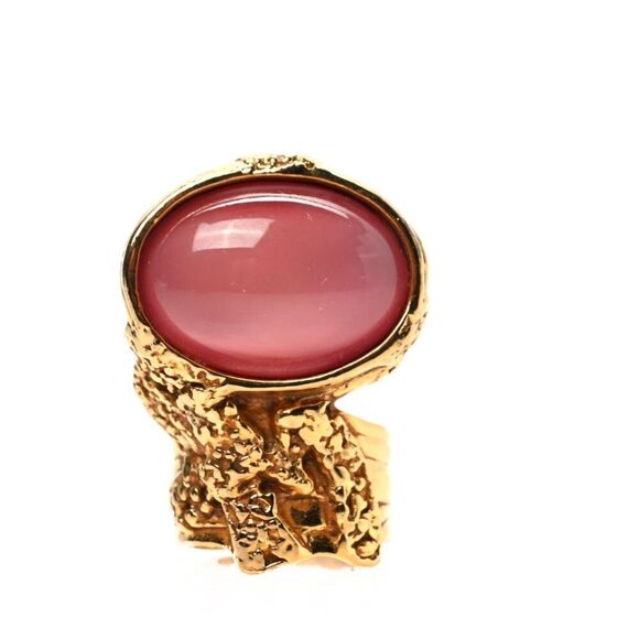 NWT Yves Saint Laurent Sz 4 RARE Pink YSL Arty Cabochon Statement 24KT Gold Ring - Picture 1 of 16
